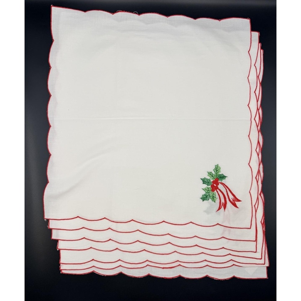 Jabara Set 8 Napkins Holly Berry Christmas Holiday Embroidered Celebration 16x16